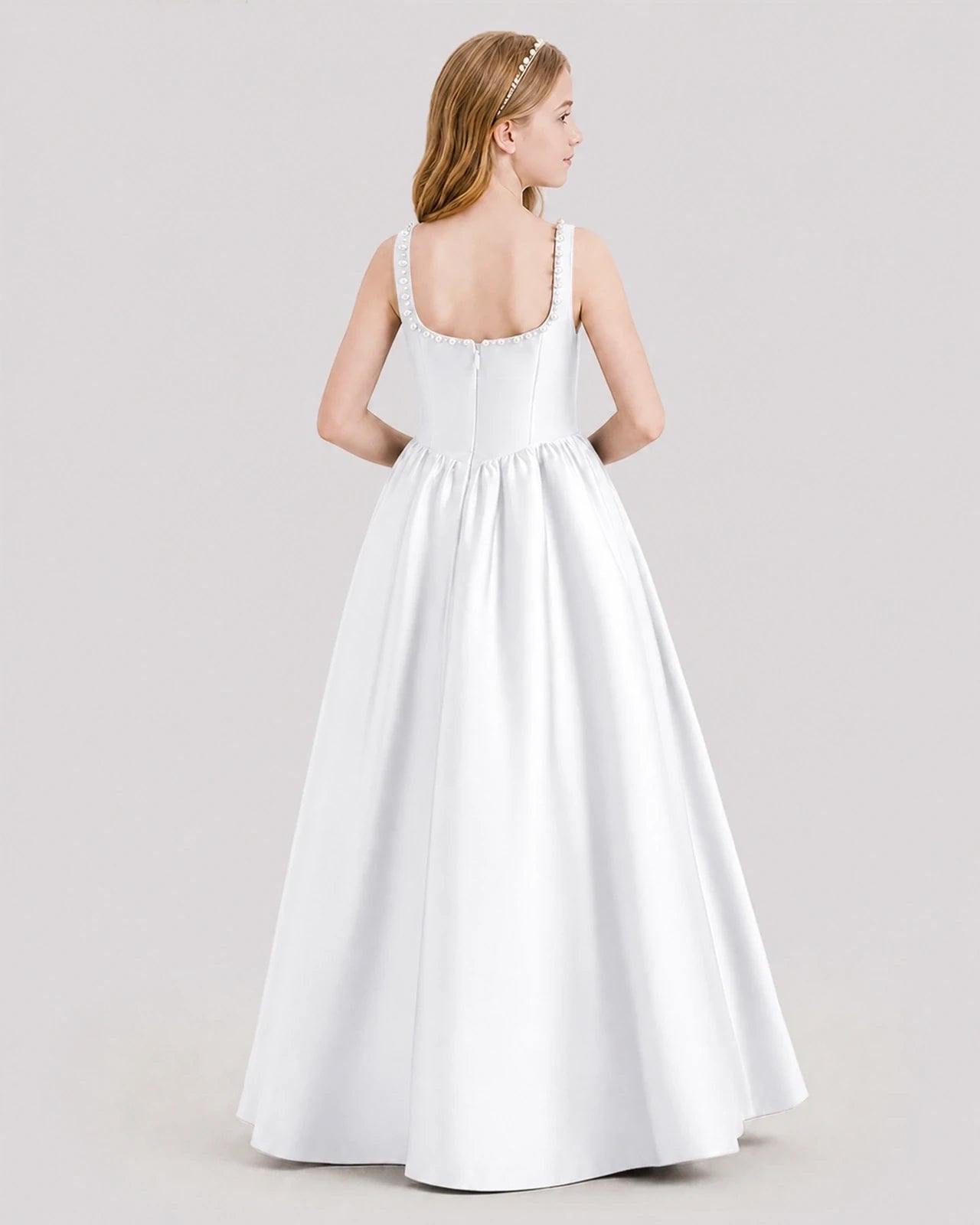 Dideyttawl Pearl Trim Square Neck Satin Junior Bridesmaid Dress