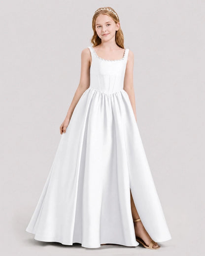 Dideyttawl Pearl Trim Square Neck Satin Junior Bridesmaid Dress