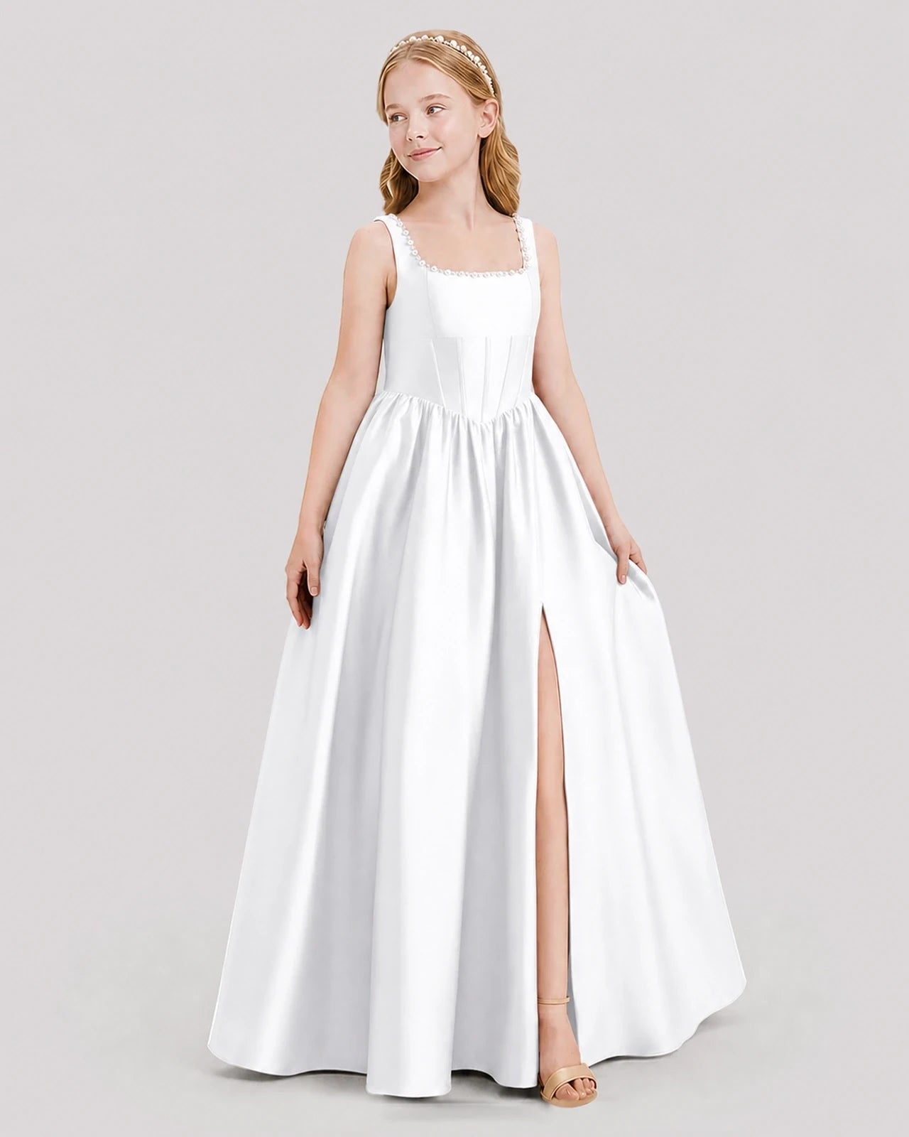 Dideyttawl Pearl Trim Square Neck Satin Junior Bridesmaid Dress