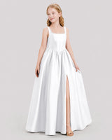 White satin scoop neck A-line junior bridesmaid dress Side View