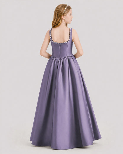 Dideyttawl Pearl Trim Square Neck Satin Junior Bridesmaid Dress