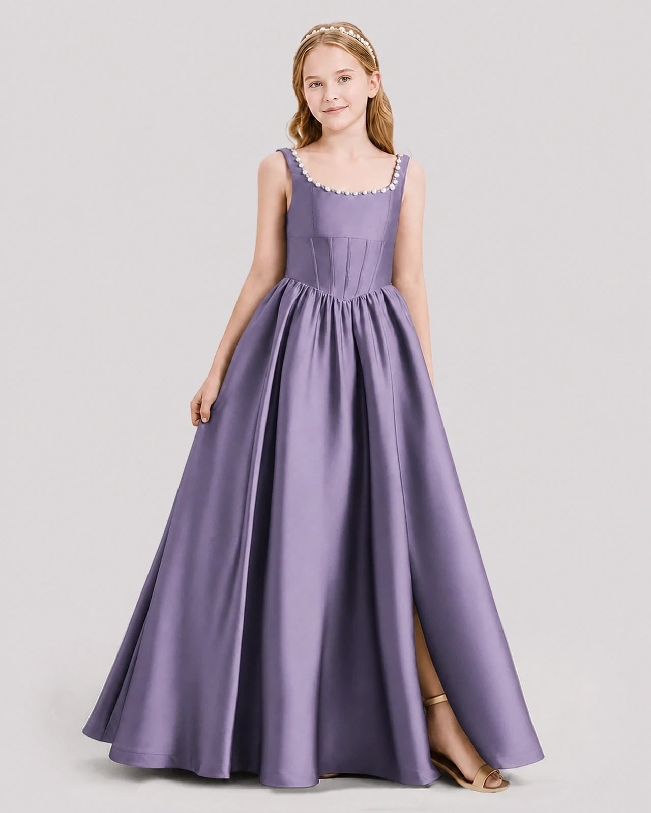 Dideyttawl Pearl Trim Square Neck Satin Junior Bridesmaid Dress