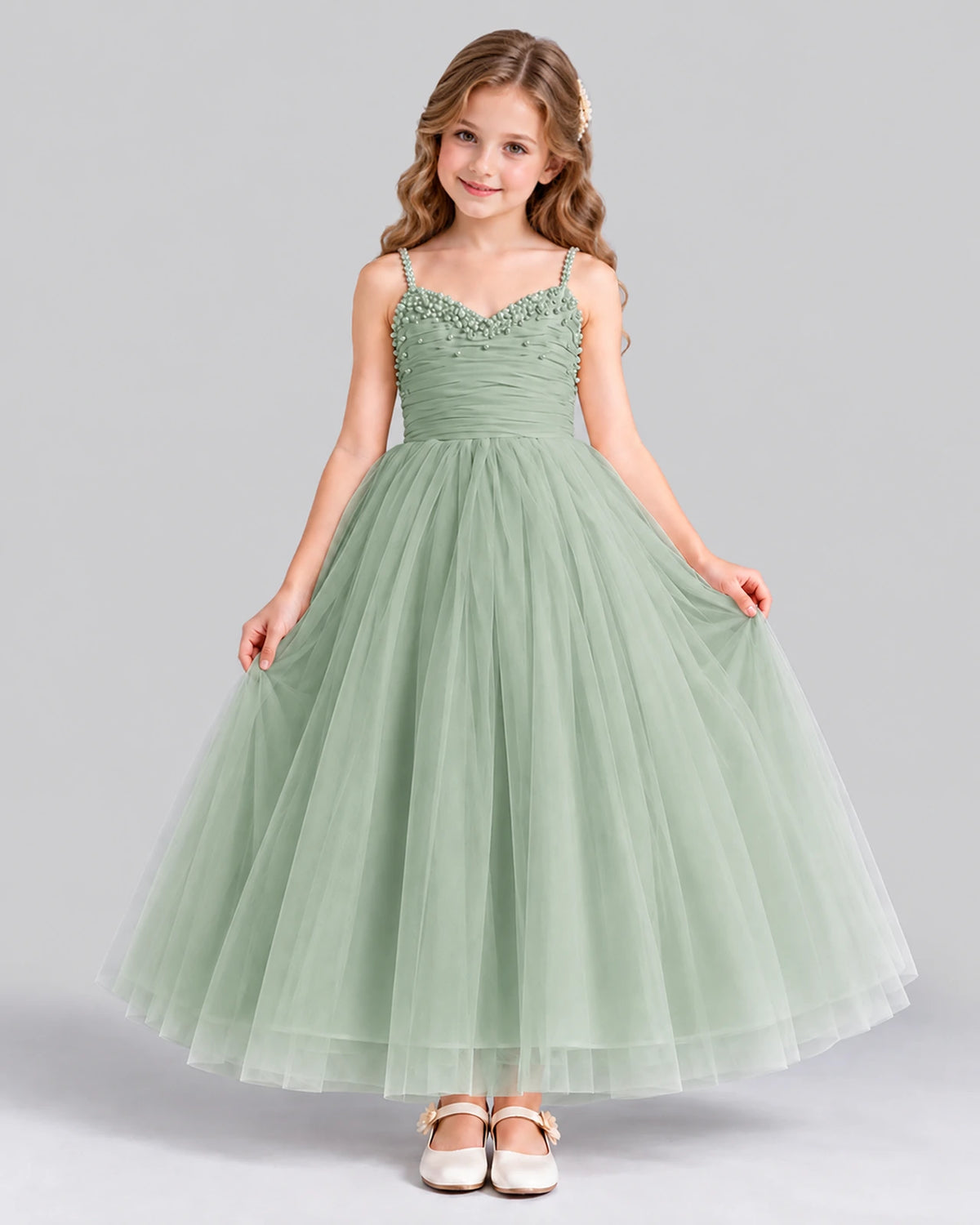 Sage Green Ball Gown Girls Formal Dress Front