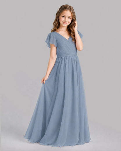 Dusty Blue A-line Junior Bridesmaid Dresses Back