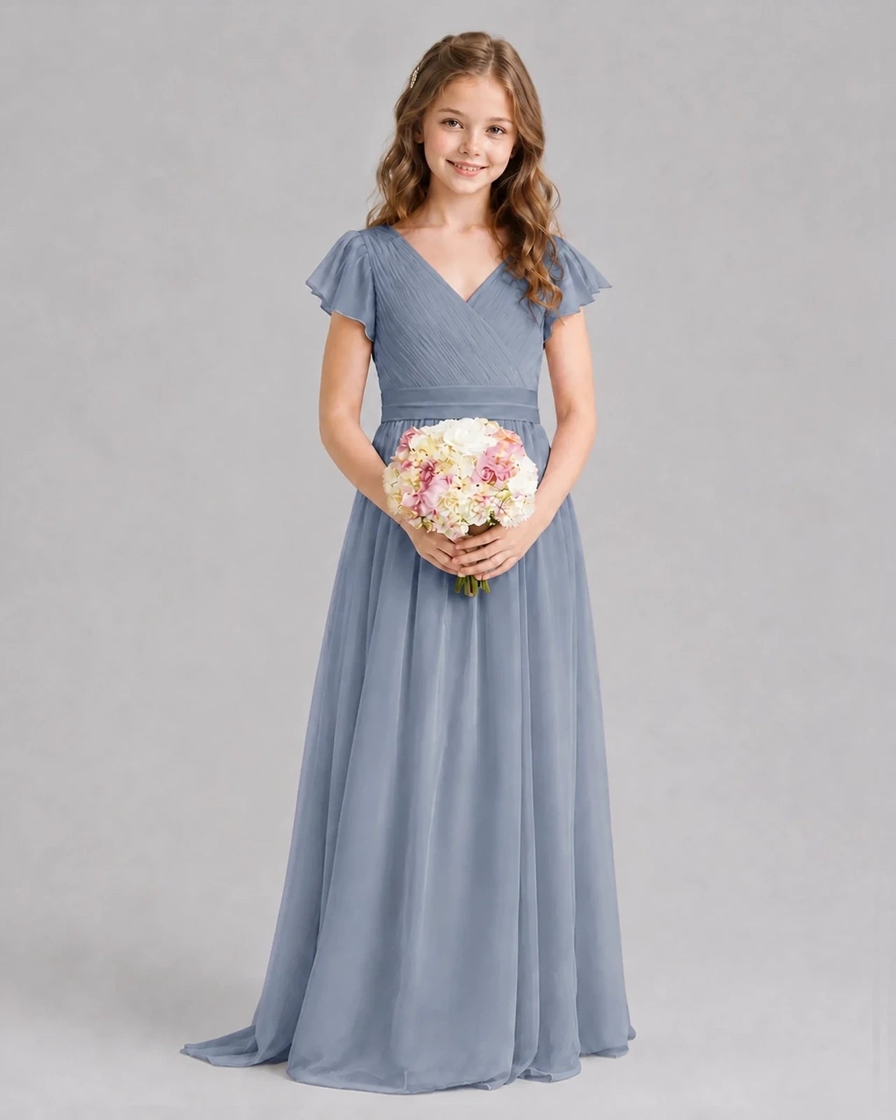 Dusty Blue A-line Junior Bridesmaid Dresses Front