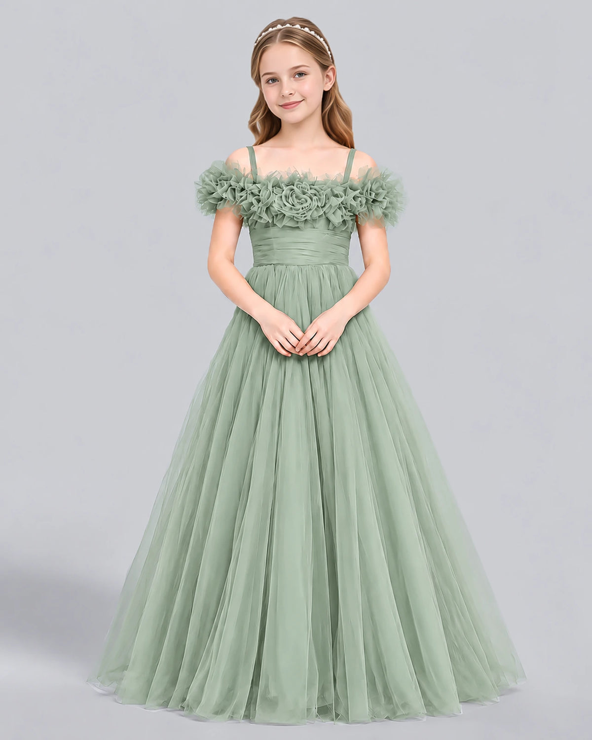 Sage Green Ball Gown Girls Formal Dress Front