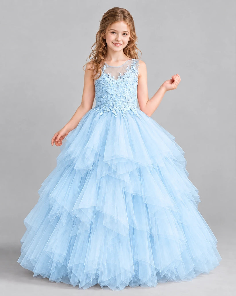 Baby Blue Ball Gown Girls Pageant Dress Front