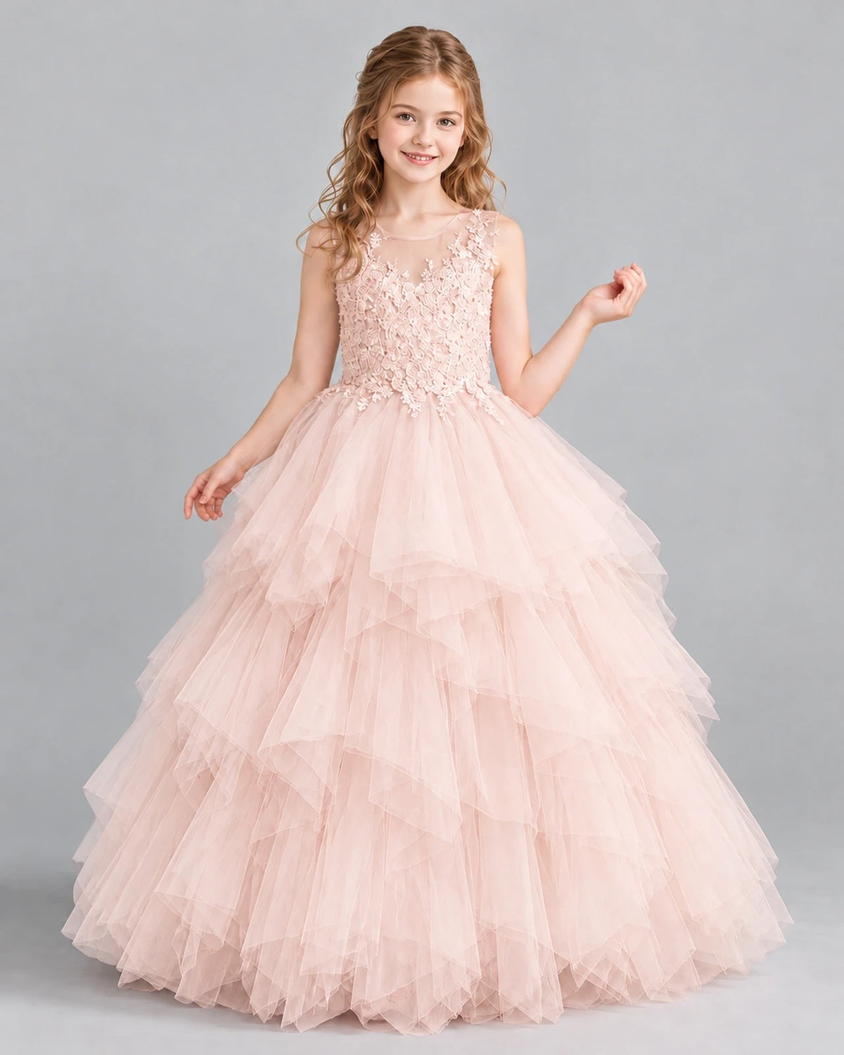 Blush Pink Ball Gown Girls Pageant Dress Front