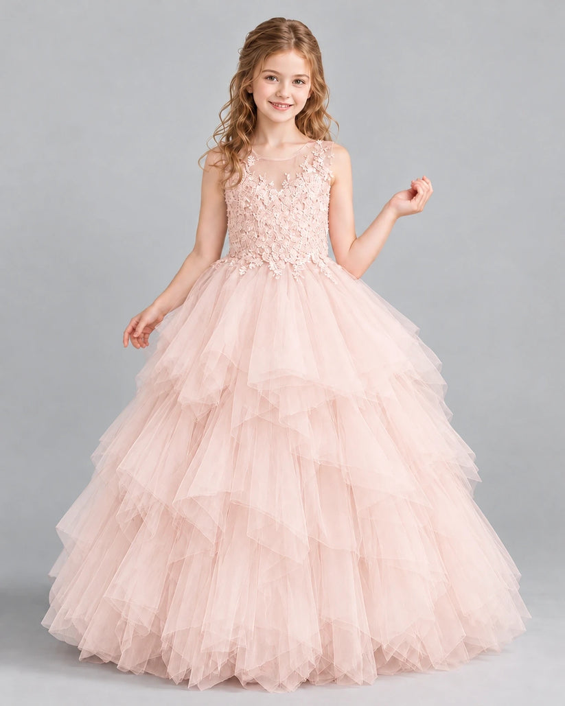 Blush Pink Ball Gown Girls Pageant Dress Front