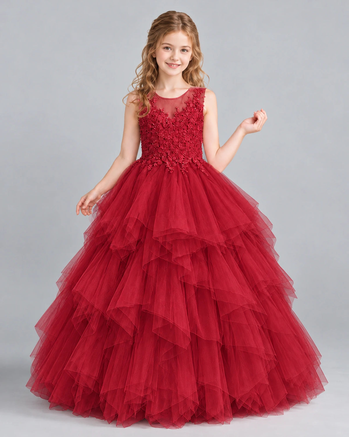 Burgundy Ball Gown Girls Pageant Dress Front
