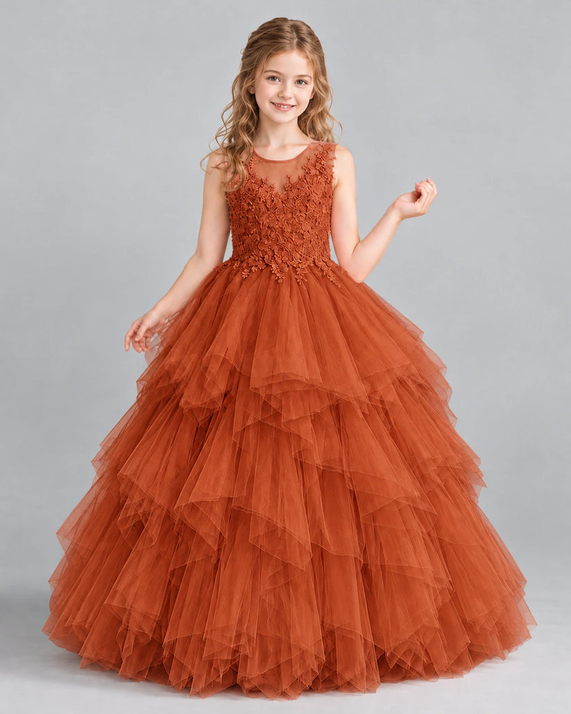 Burnt Orange Ball Gown Girls Pageant Dress Front
