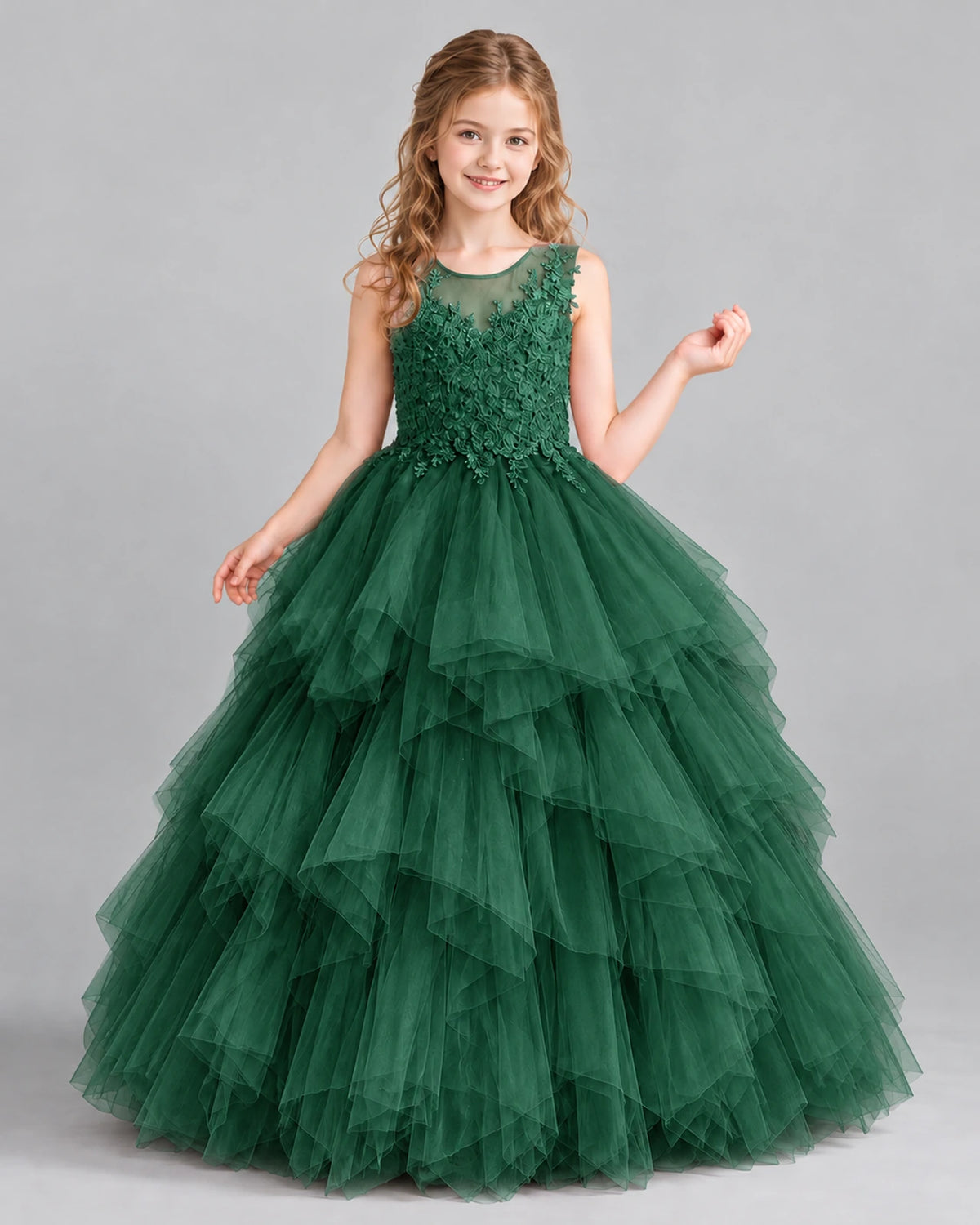Dark Green Ball Gown Girls Pageant Dress Front