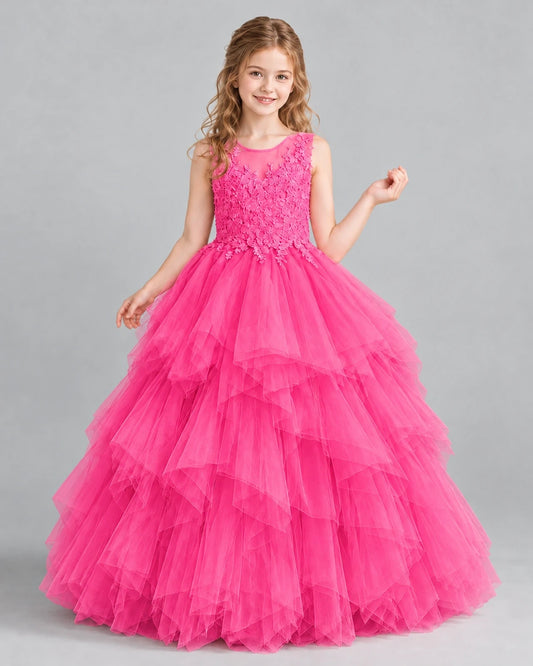 Hot Pink Ball Gown Girls Pageant Dress Front