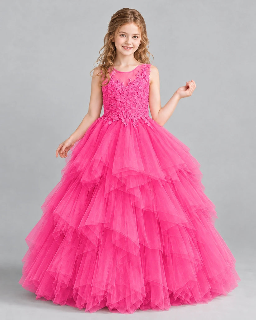 Hot Pink Ball Gown Girls Pageant Dress Front