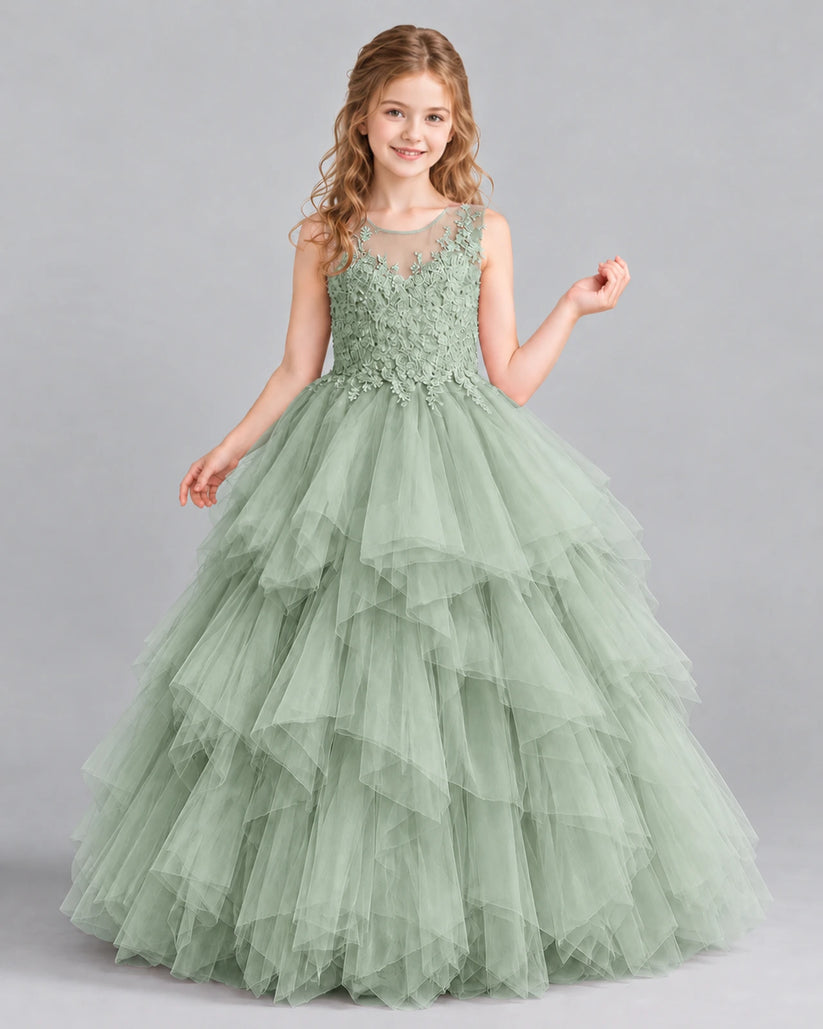 Sage Green Ball Gown Girls Pageant Dress Front