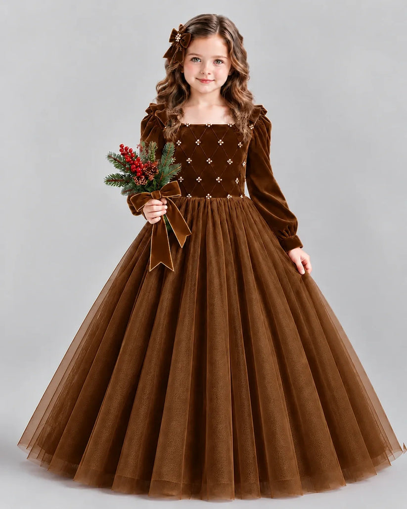 Chocolate Ball Gown Girls Formal Dress Front