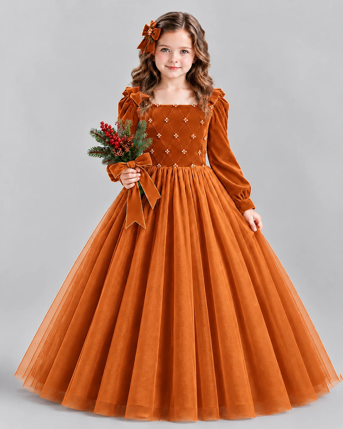 Burnt Orange Ball Gown Girls Formal Dress Front