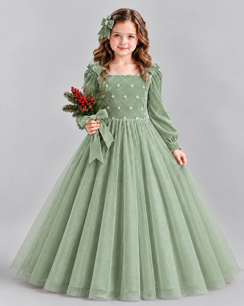 Sage Green Ball Gown Girls Formal Dress Front