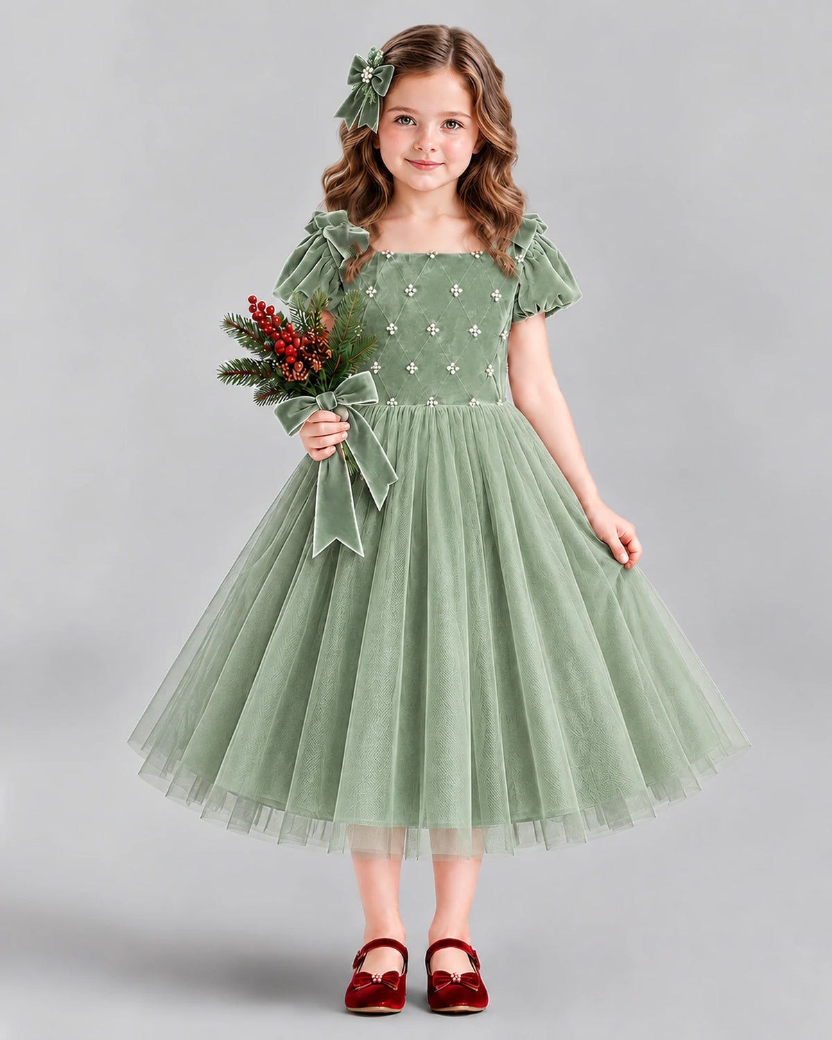 Sage Green Ball Gown Girls Formal Dress Front