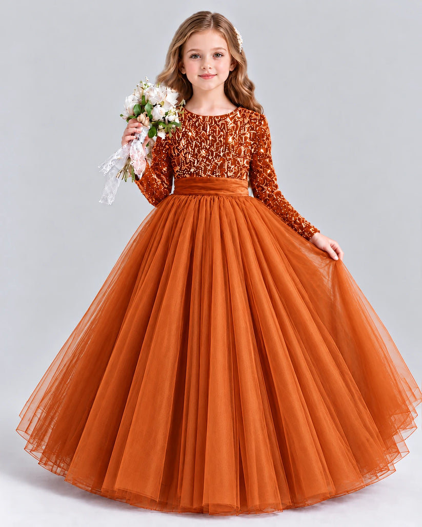 Burnt Orange Ball Gown Girls Formal Dress Front