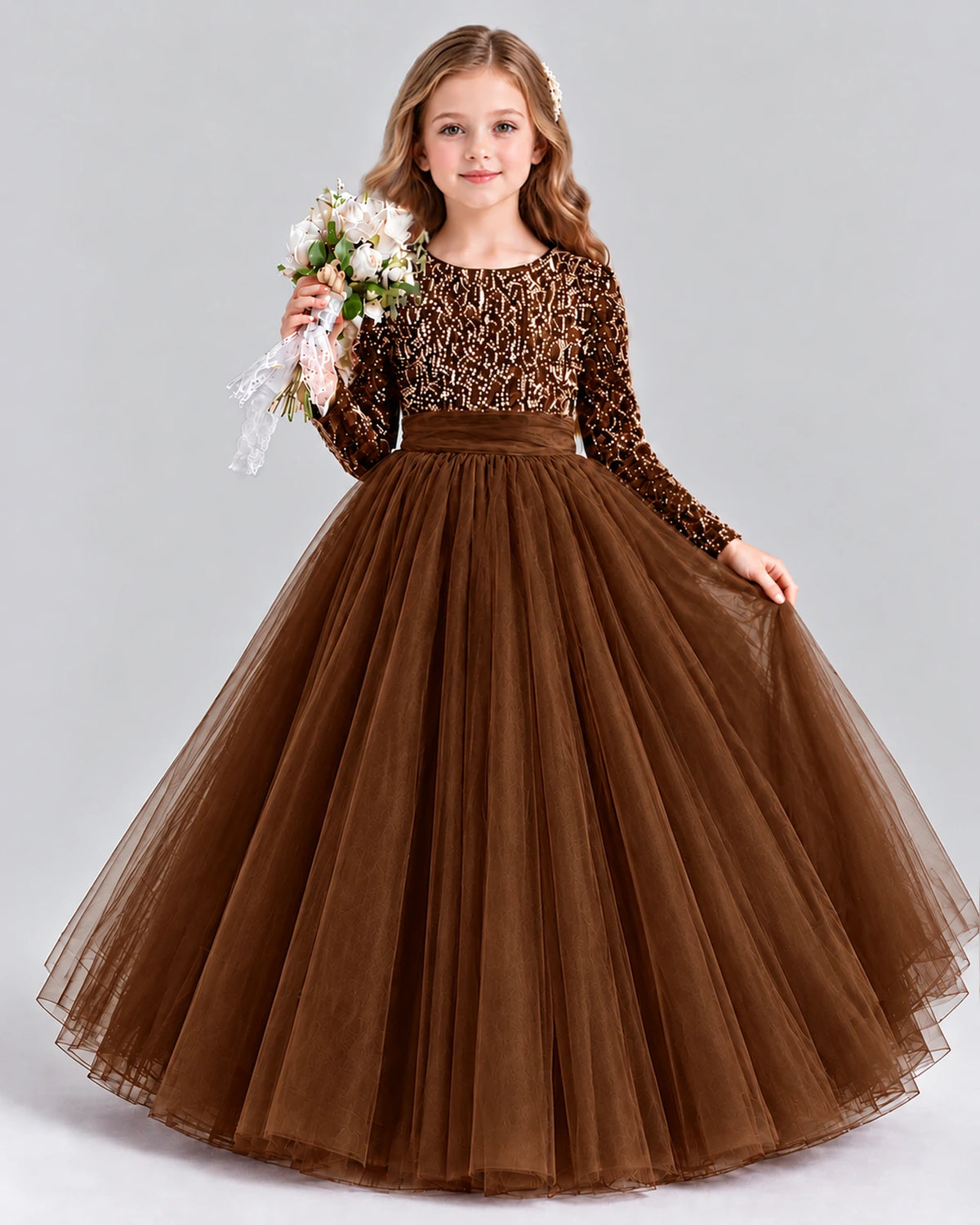 Chocolate Ball Gown Girls Formal Dress Front