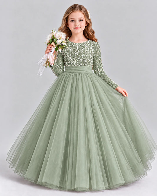 Sage Green Ball Gown Girls Formal Dress Front