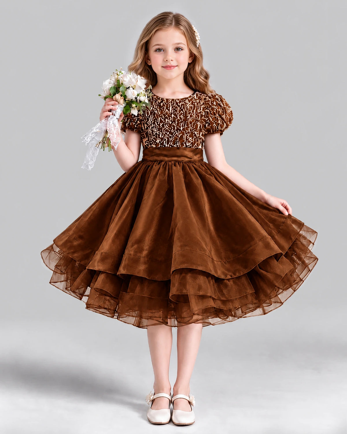 Chocolate Ball Gown Girls Formal Dress Front