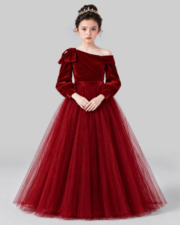 Dideyttawl Long Sleeve Bow Girls Formal Dress for Piano Recital