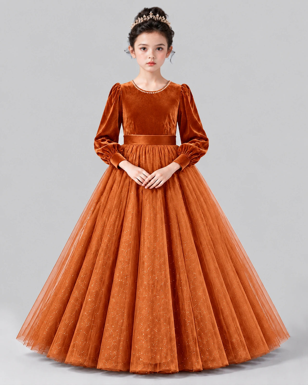 Burnt Orange Ball Gown Girls Formal Dress Front