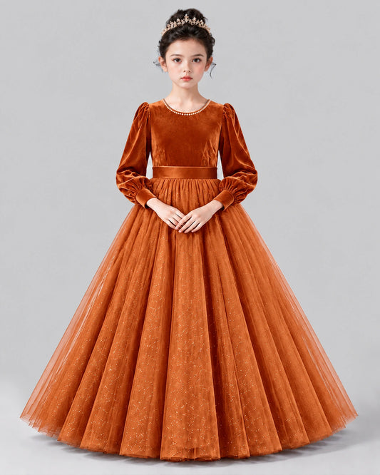 Burnt Orange Ball Gown Girls Formal Dress Front