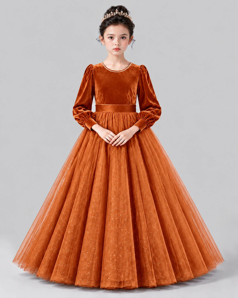 Burnt Orange Ball Gown Girls Formal Dress Front