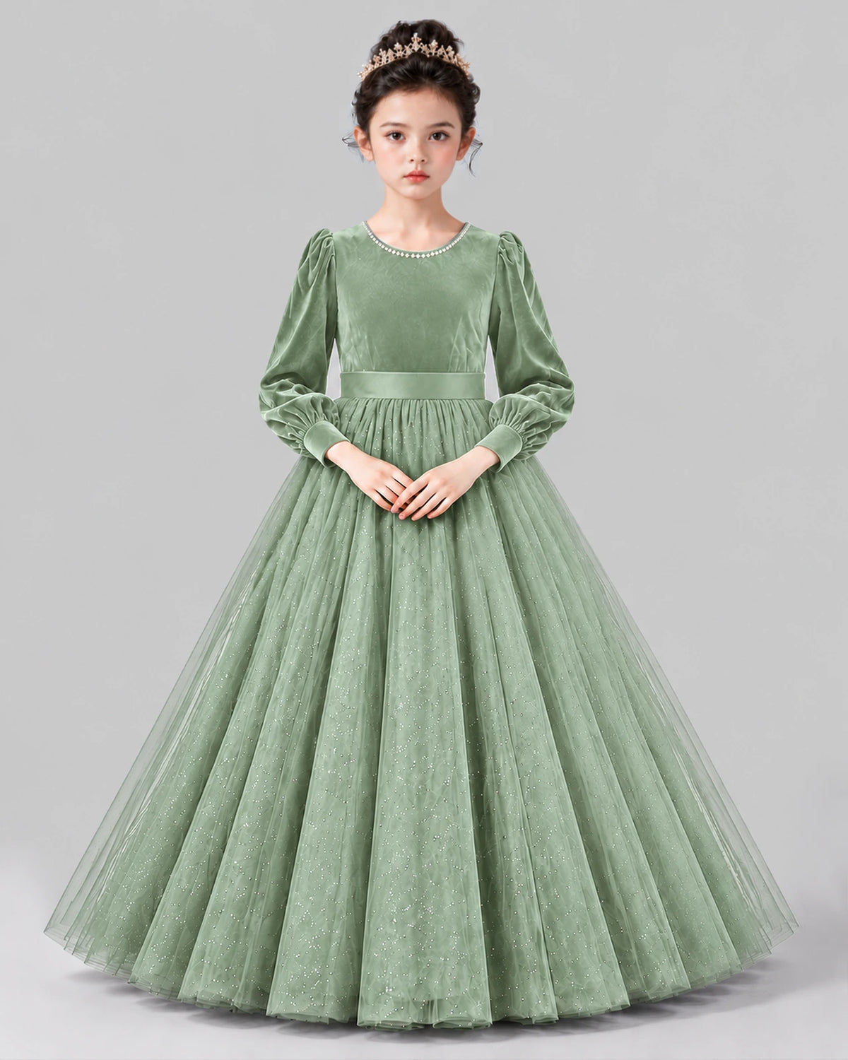 Sage Green Ball Gown Girls Formal Dress Front