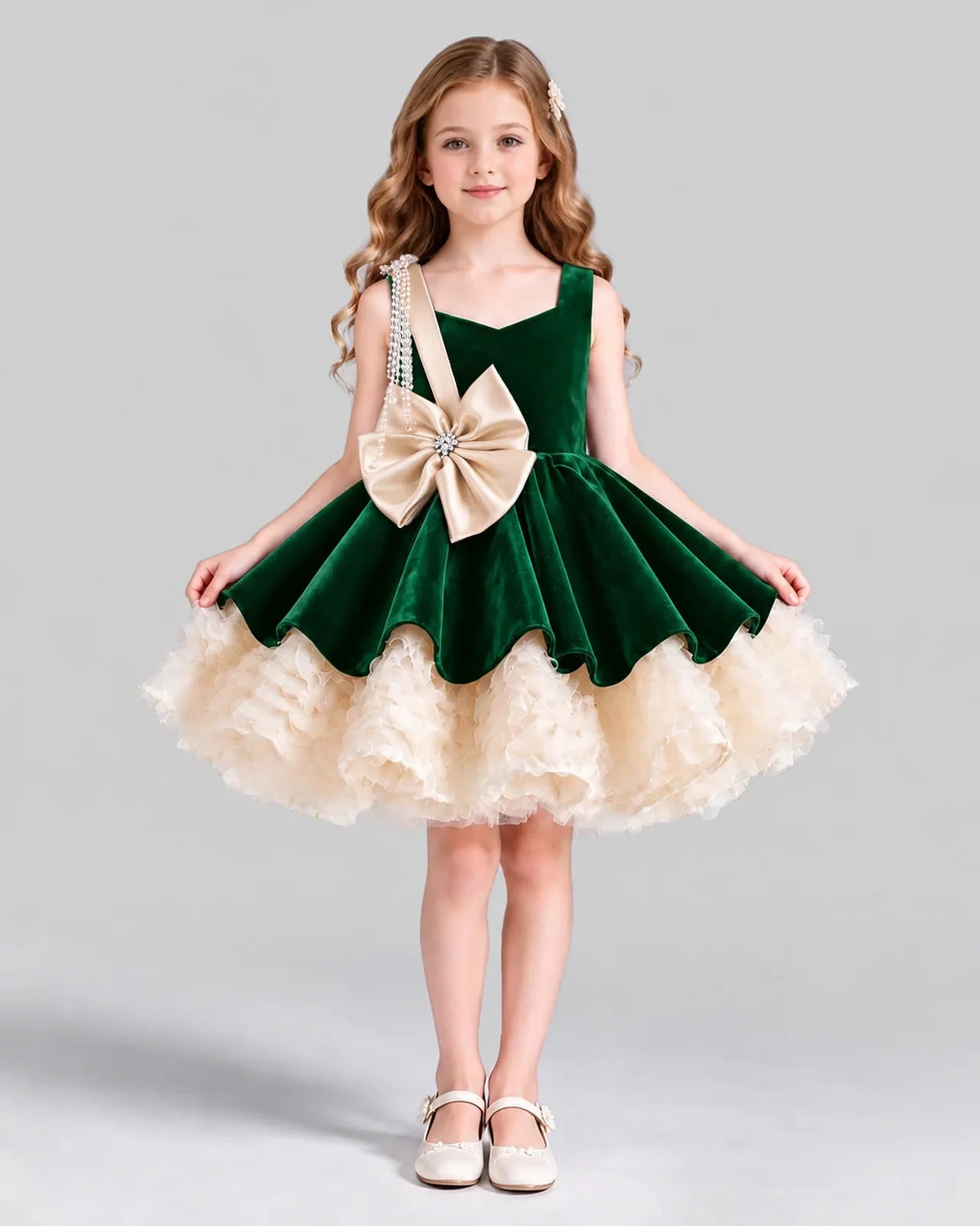 Dark Green Flared Girls Formal Dress Front