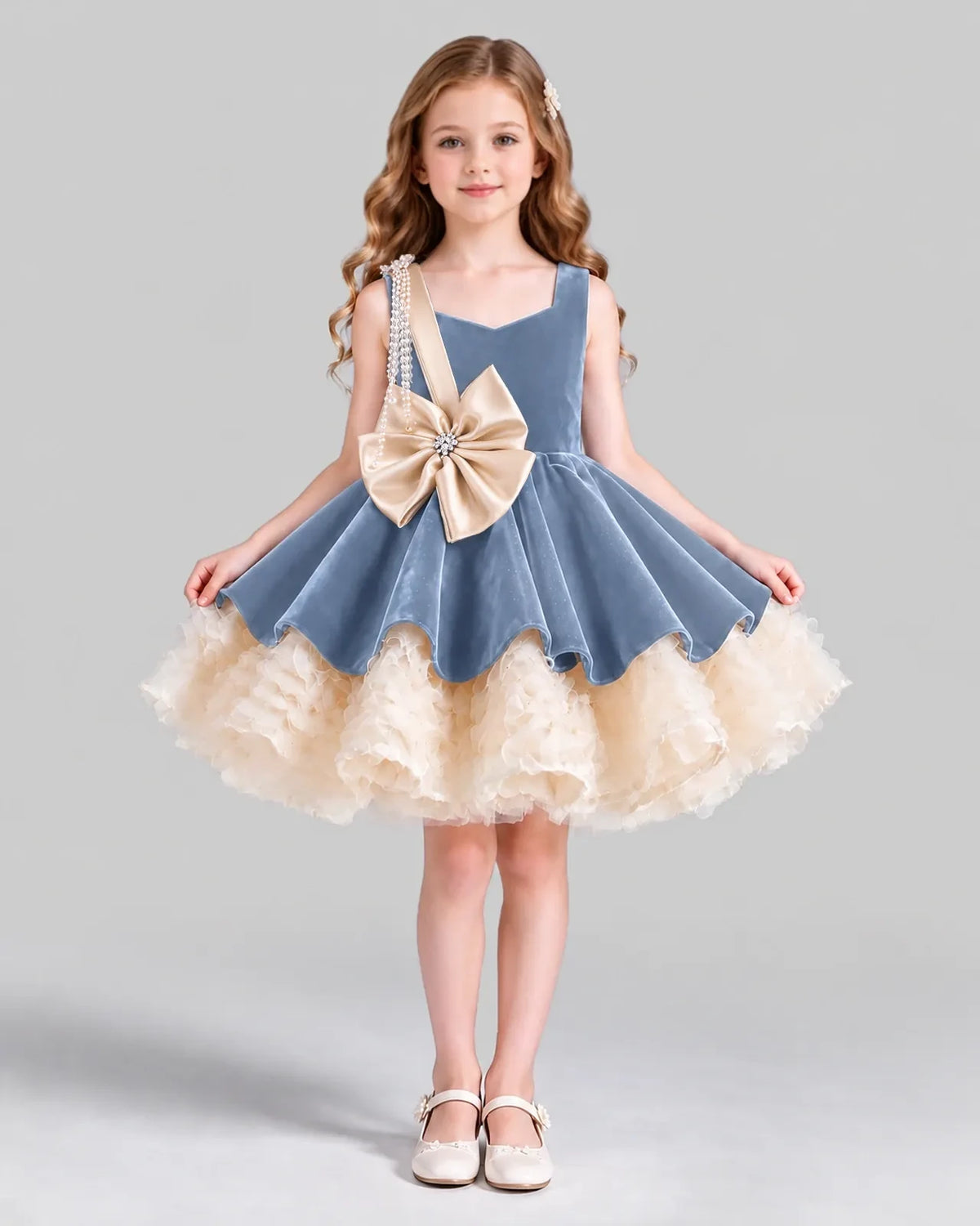 Dusty Blue Flared Girls Formal Dress Front