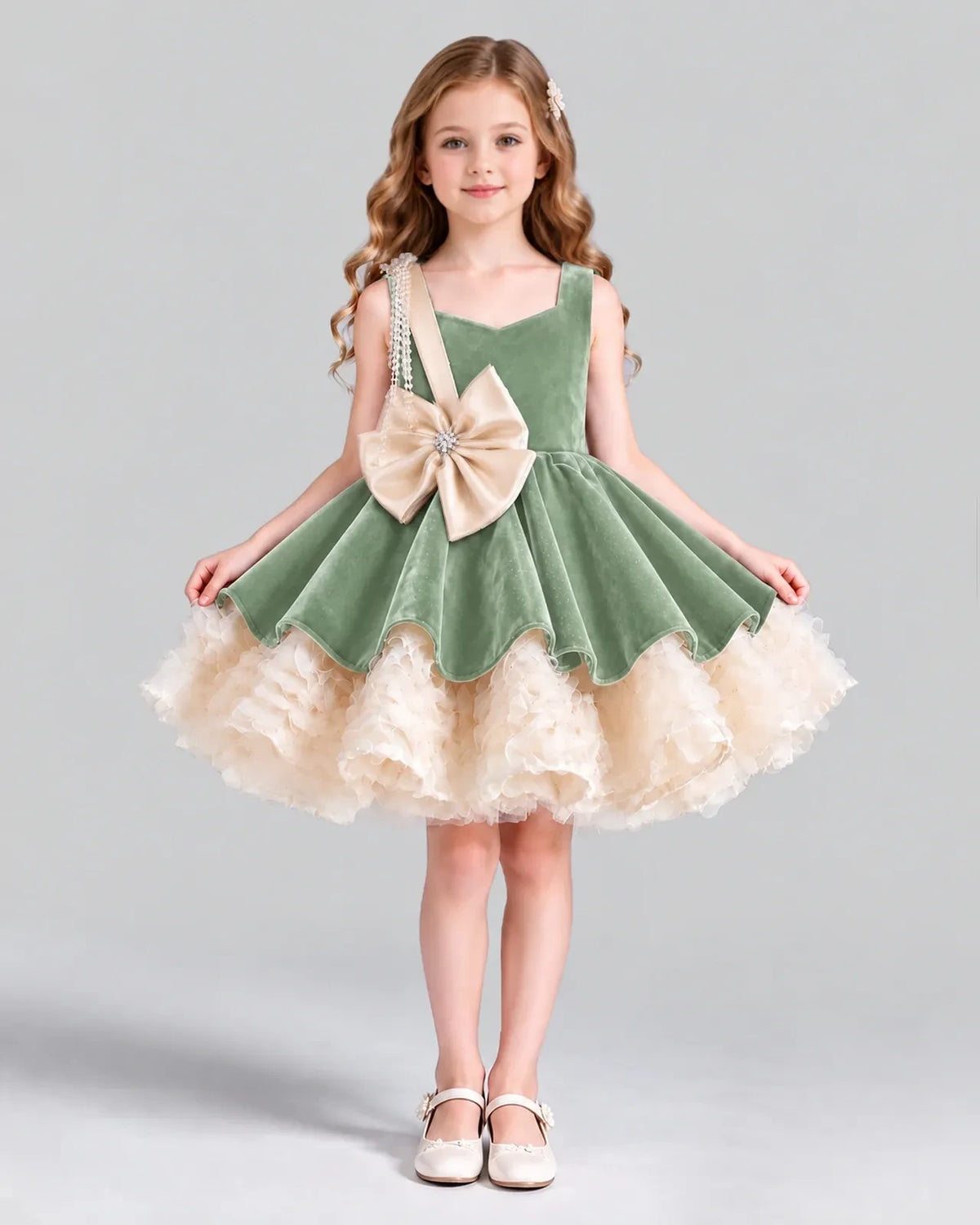 Sage Green Flared Girls Formal Dress Front