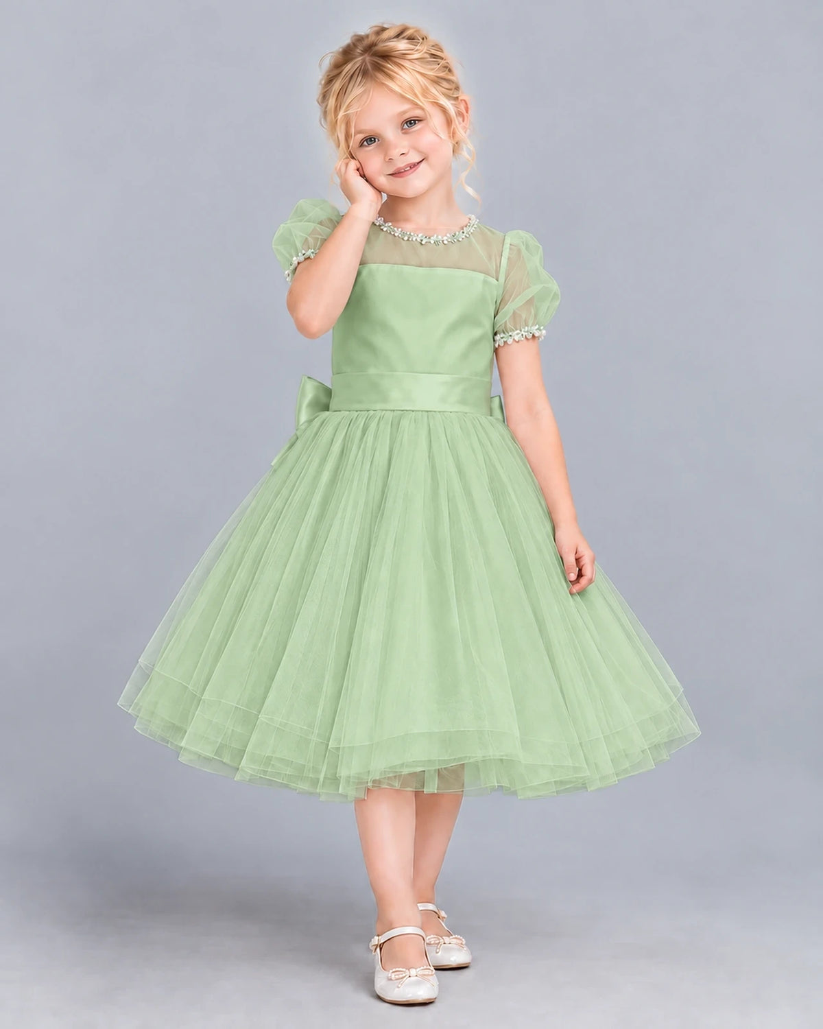 Sage Green Ball Gown Girls Formal Dress Front