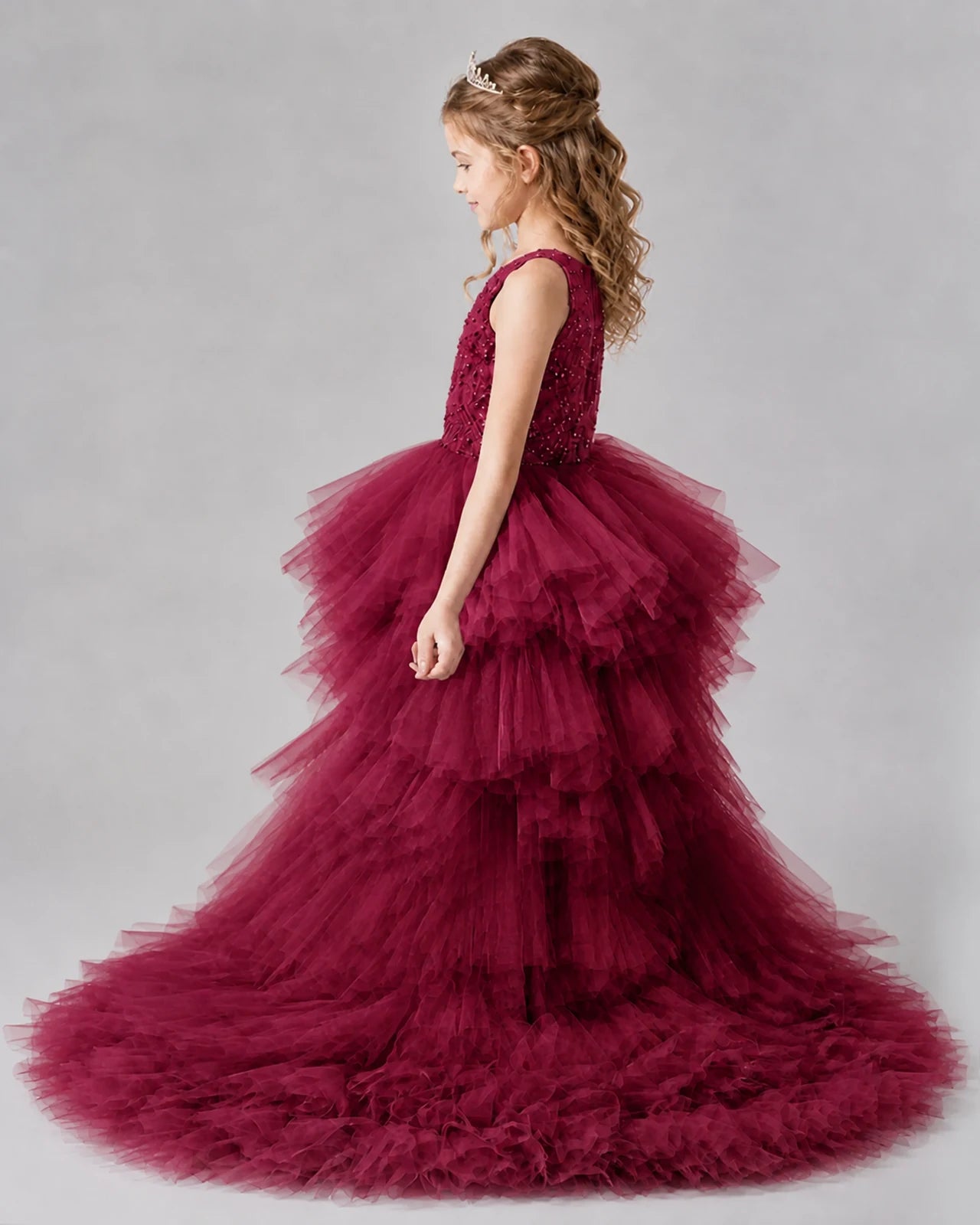 Burgundy A-line Girls Pageant Dresses Back