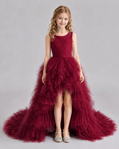 Burgundy A-line Girls Pageant Dresses Front