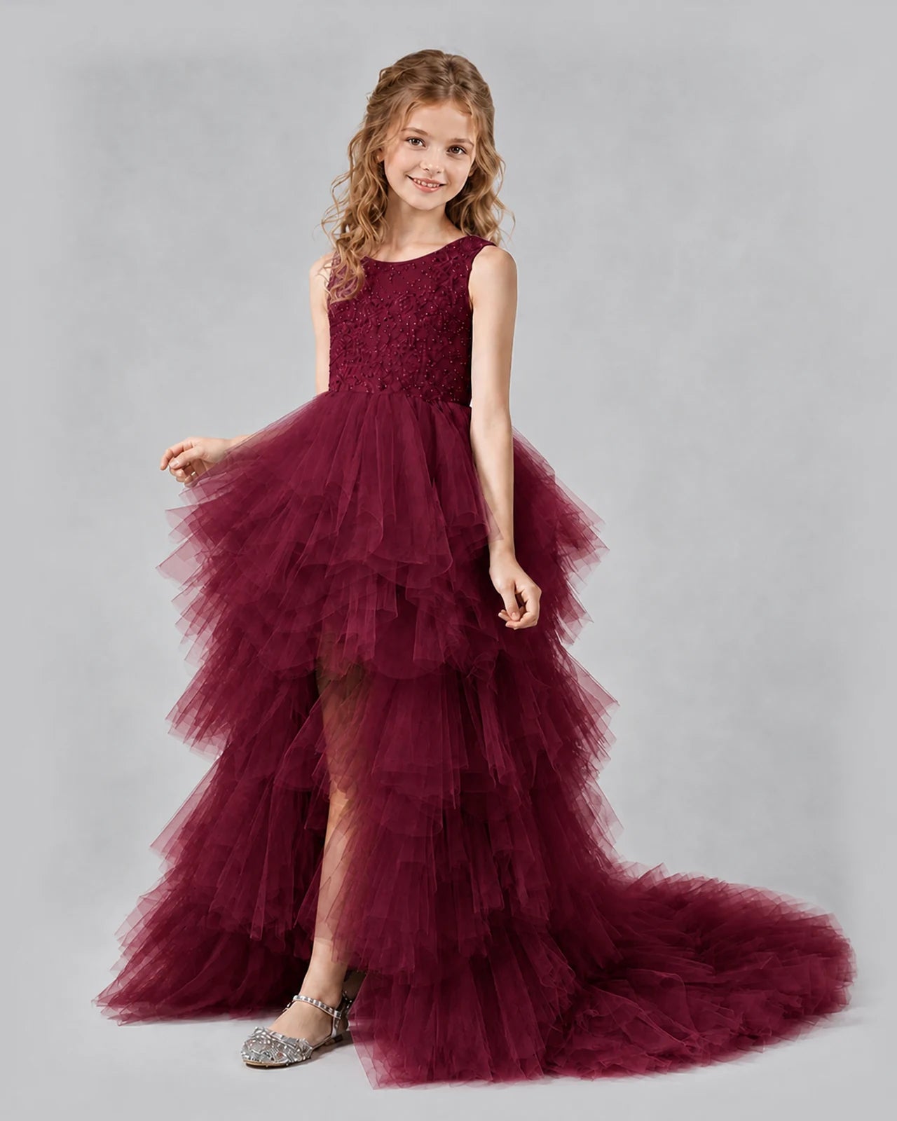 Burgundy A-line Girls Pageant Dresses Side