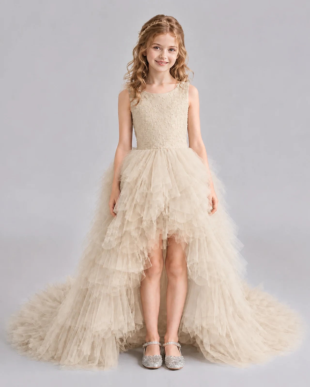 Champagne A-line Girls Pageant Dresses Front