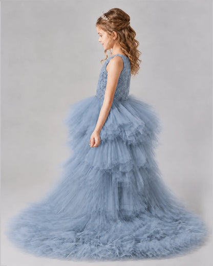 Dusty Blue A-line Girls Pageant Dresses Back