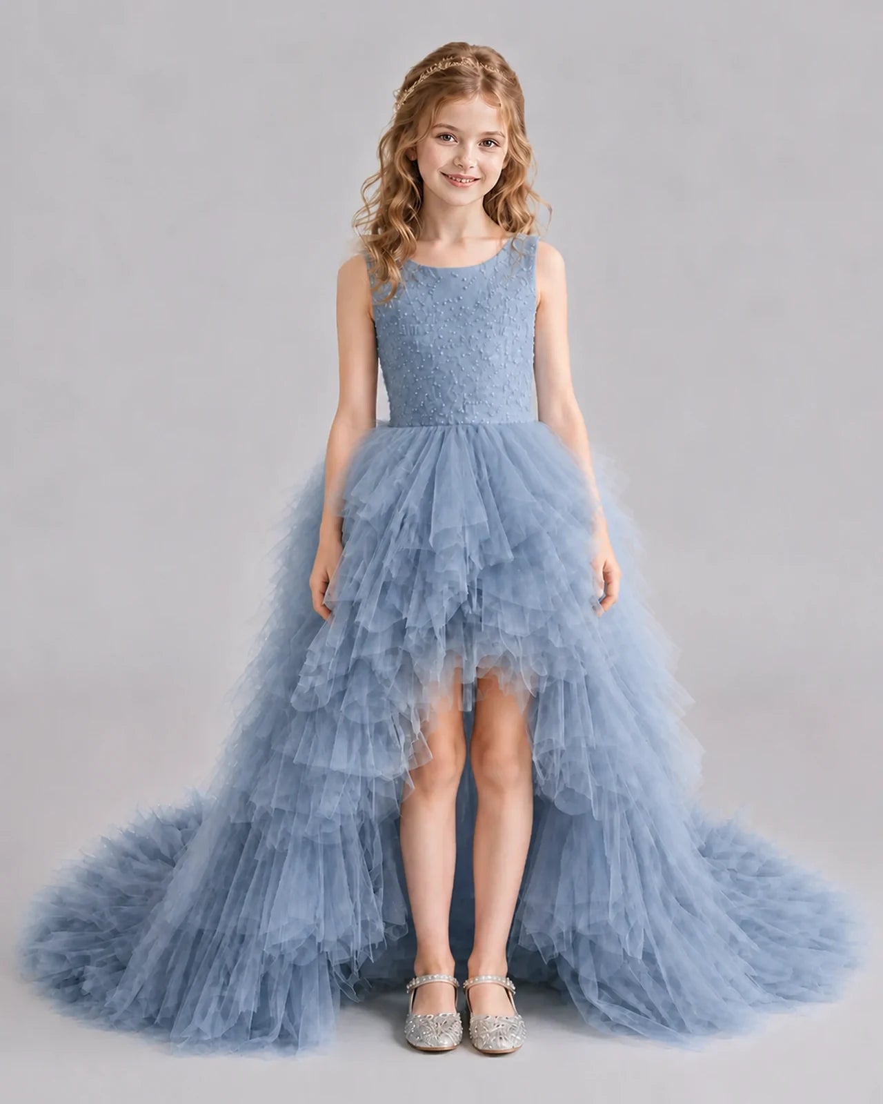 Dusty Blue A-line Girls Pageant Dresses Front