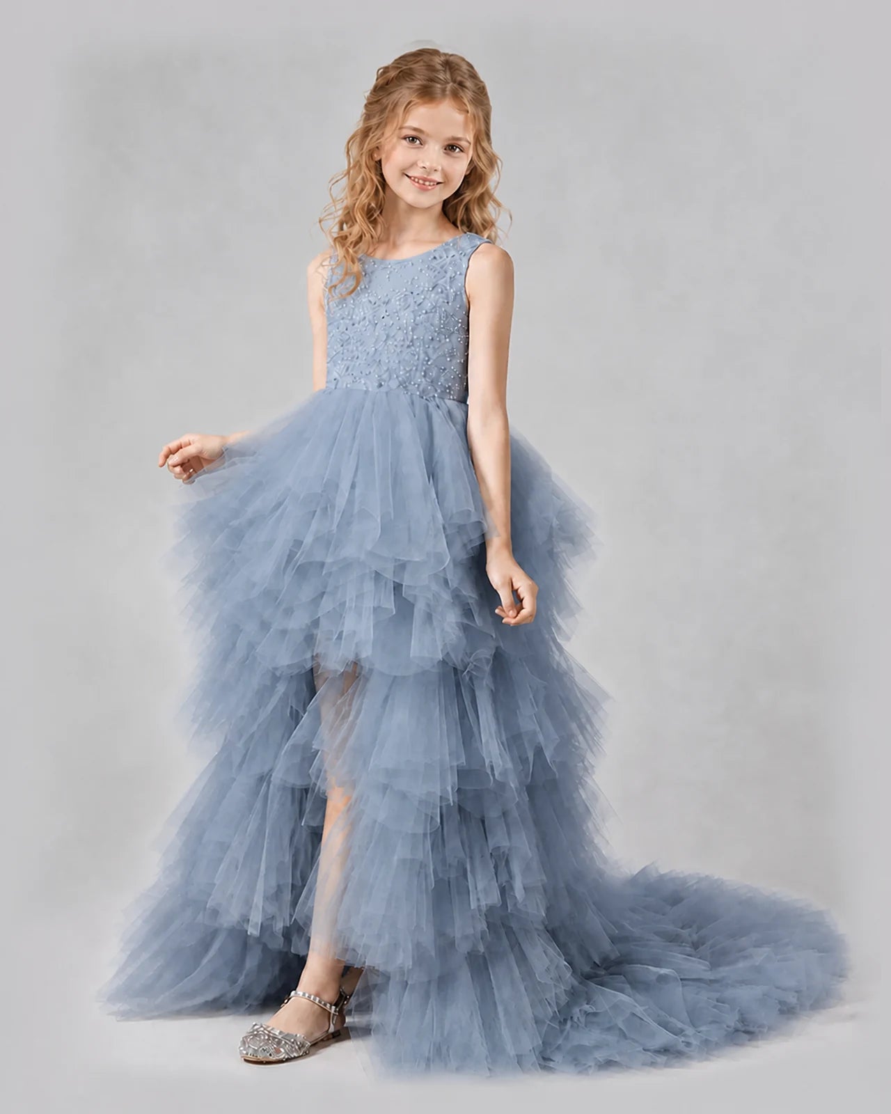 Dusty Blue A-line Girls Pageant Dresses Side