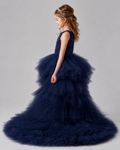 Navy blue A-line Girls Pageant Dresses Back
