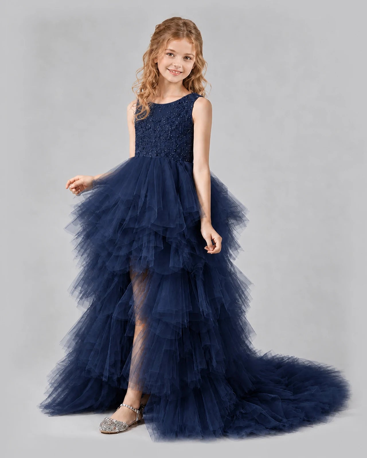 Navy blue A-line Girls Pageant Dresses Side