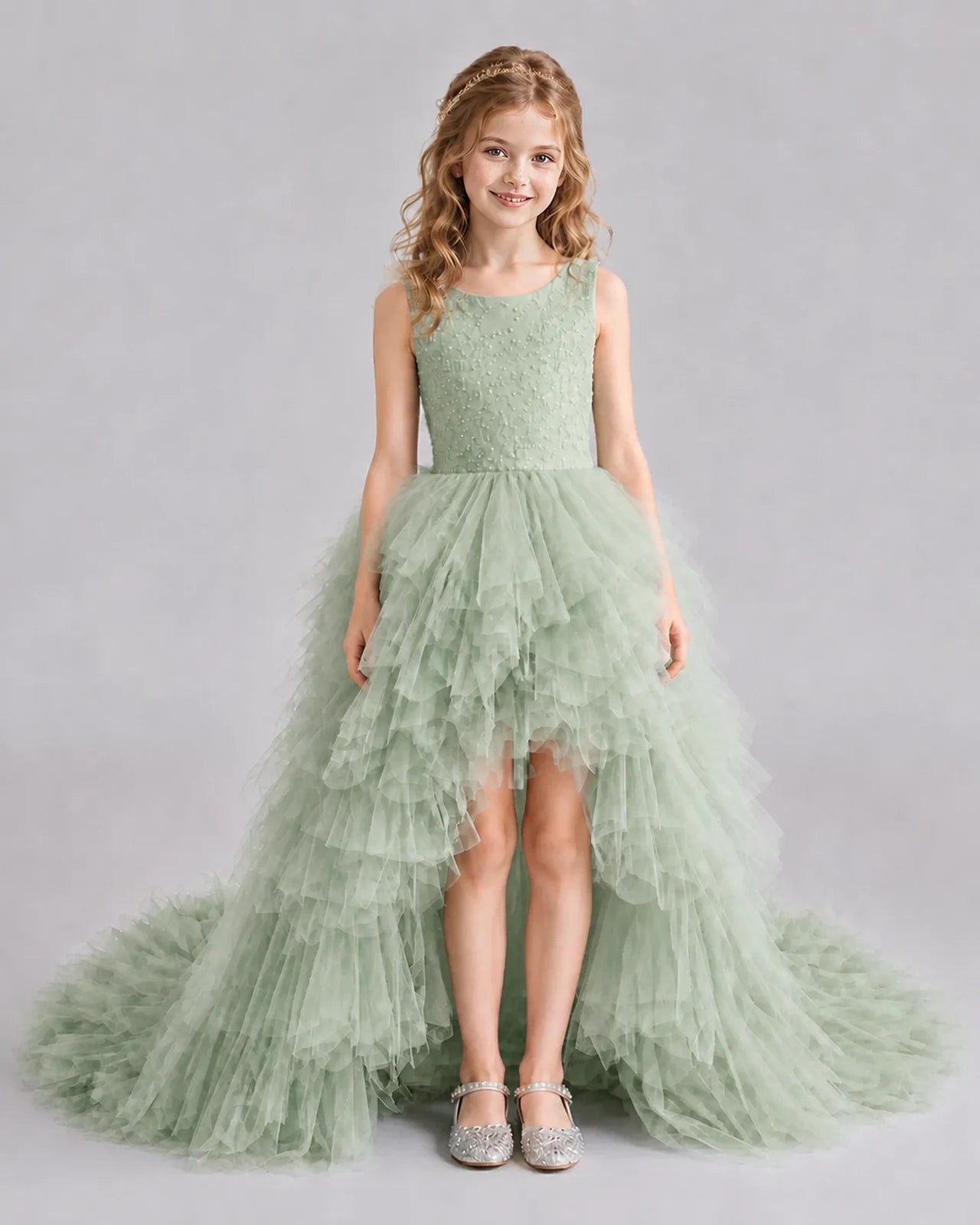 Sage Green A-line Girls Pageant Dresses Front