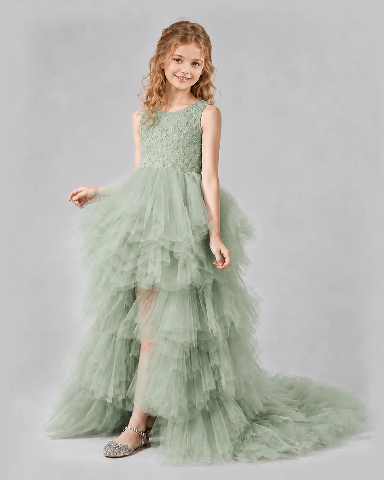 Sage Green A-line Girls Pageant Dresses Side