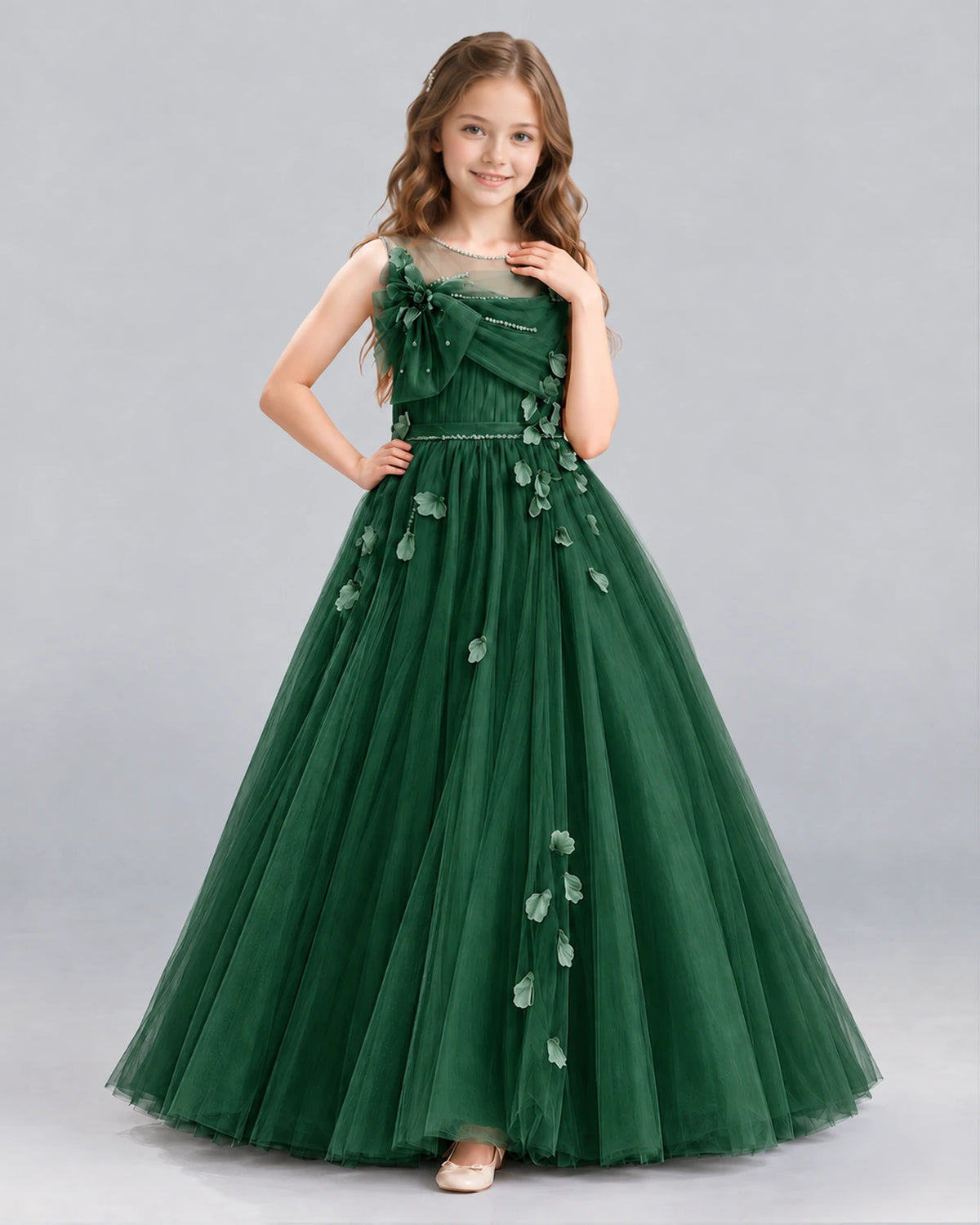 Dark Green Ball Gown Girls Formal Dress Front