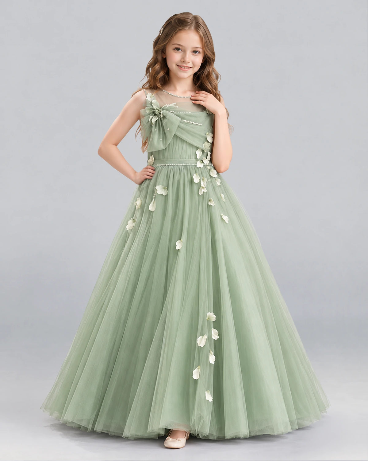 Sage Green Ball Gown Girls Formal Dress Front