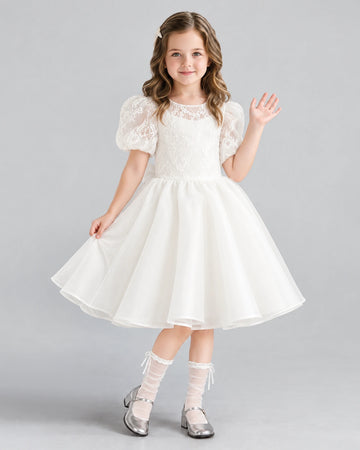 Dideyttawl Organza Puff Sleeve Flower Girl Dress for Wedding Ceremonies